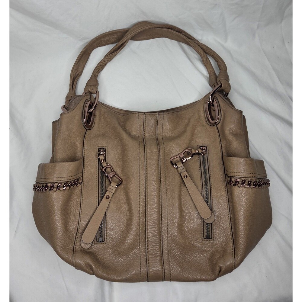 B. Makowsky Handbag Tan Soft Leather Shoulder Bag Tote Chain Detail Snake Print